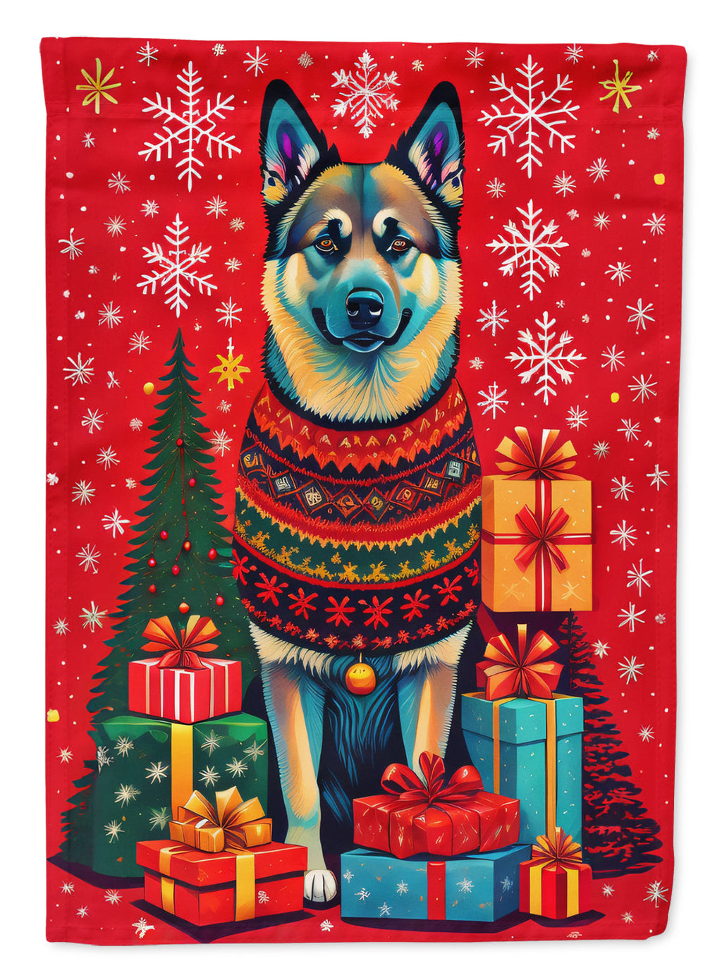 Norwegian Elkhound Holiday Christmas House Flag 28x40 Porch Sleeve Pole Decorative Outside Yard Banner Artwork Wall Hanging, Polyester