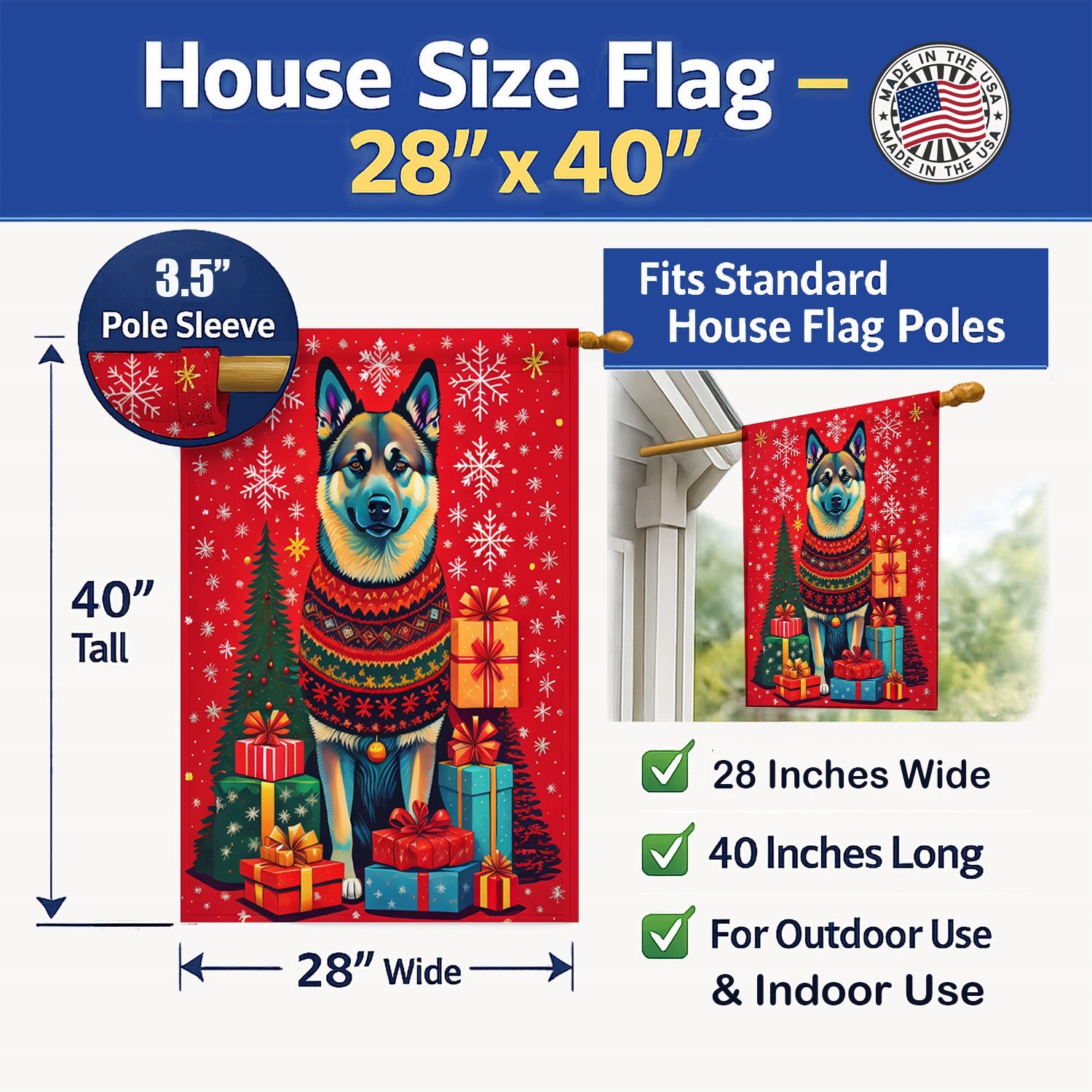 Norwegian Elkhound Holiday Christmas House Flag 28x40 Porch Sleeve Pole Decorative Outside Yard Banner Artwork Wall Hanging, Polyester