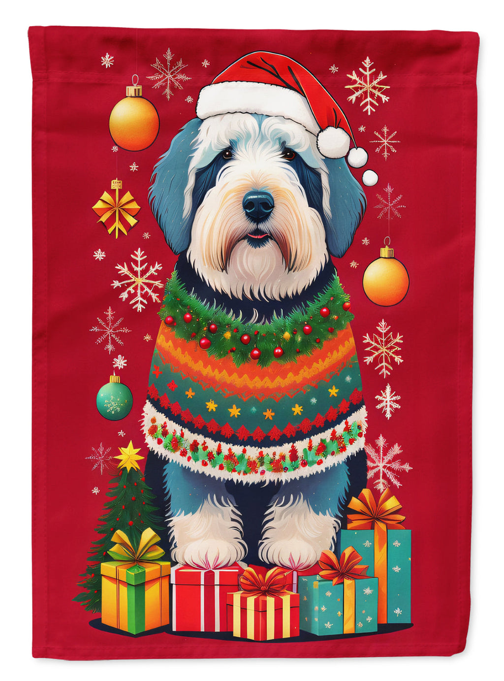 Old English Sheepdog Holiday Christmas House Flag 28x40 Porch Sleeve Pole Decorative Outside Yard Banner Artwork Wall Hanging, Polyester
