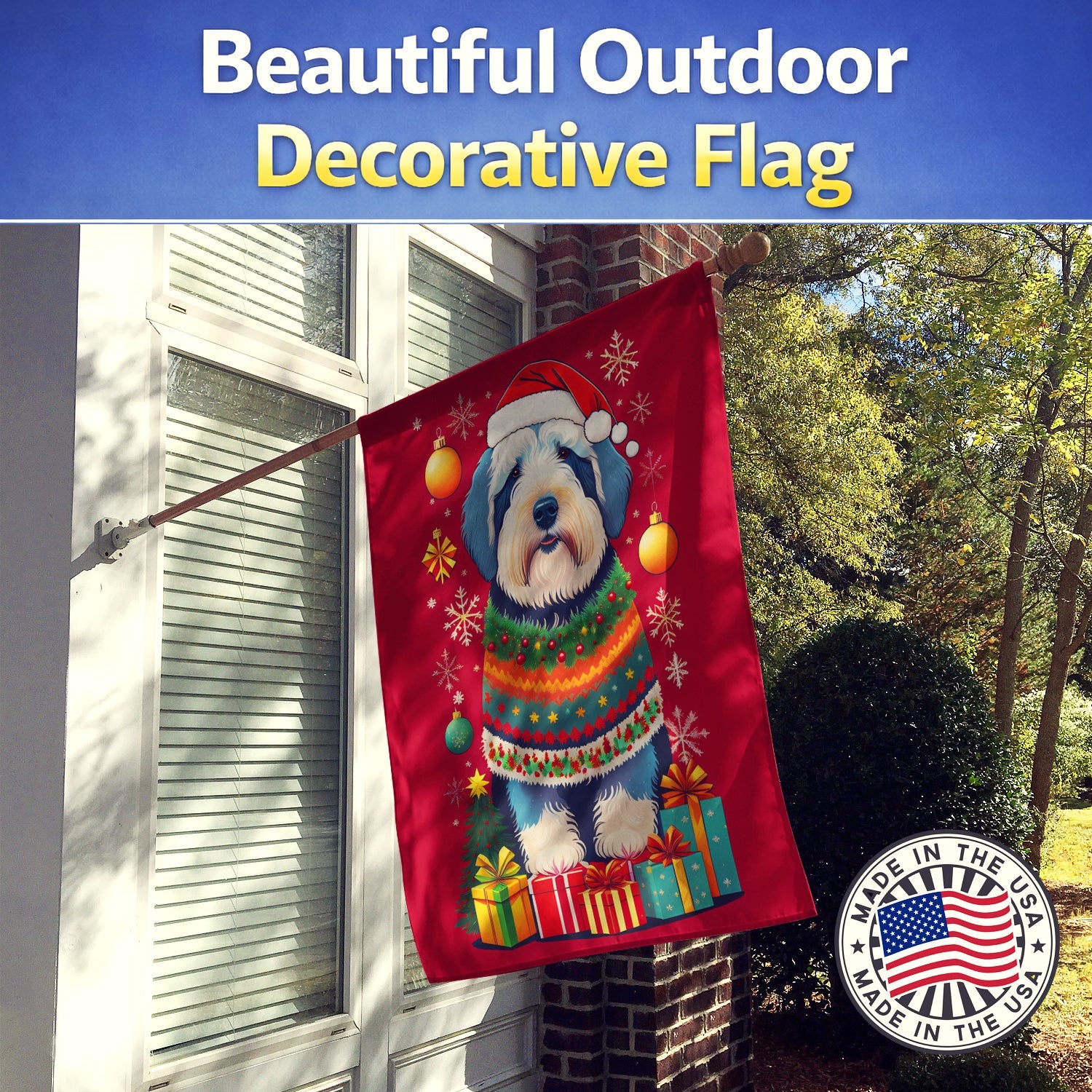 Old English Sheepdog Holiday Christmas House Flag 28x40 Porch Sleeve Pole Decorative Outside Yard Banner Artwork Wall Hanging, Polyester