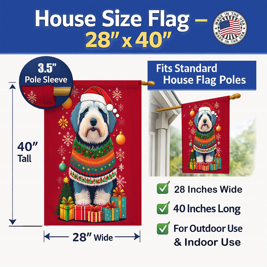 Old English Sheepdog Holiday Christmas House Flag 28x40 Porch Sleeve Pole Decorative Outside Yard Banner Artwork Wall Hanging, Polyester