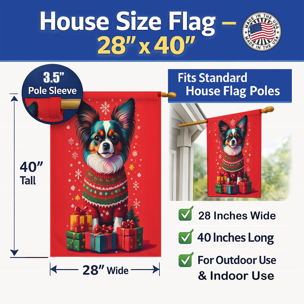 Papillon Holiday Christmas House Flag 28x40 Porch Sleeve Pole Decorative Outside Yard Banner Artwork Wall Hanging, Polyester