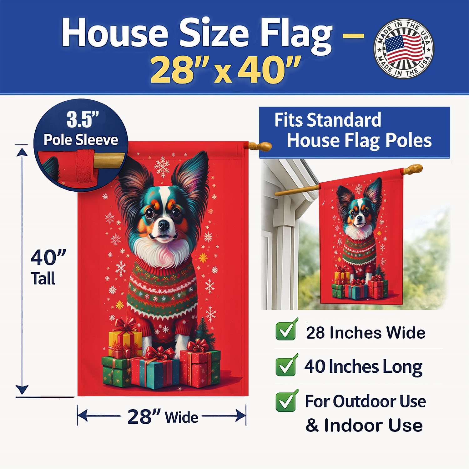 Papillon Holiday Christmas House Flag 28x40 Porch Sleeve Pole Decorative Outside Yard Banner Artwork Wall Hanging, Polyester