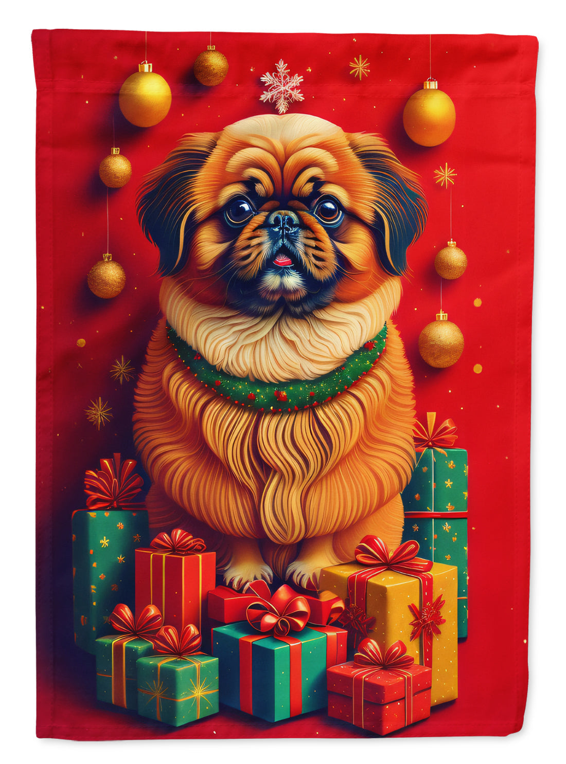 Pekingese Holiday Christmas House Flag 28x40 Porch Sleeve Pole Decorative Outside Yard Banner Artwork Wall Hanging, Polyester