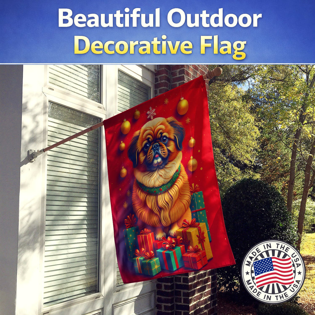 Pekingese Holiday Christmas House Flag 28x40 Porch Sleeve Pole Decorative Outside Yard Banner Artwork Wall Hanging, Polyester