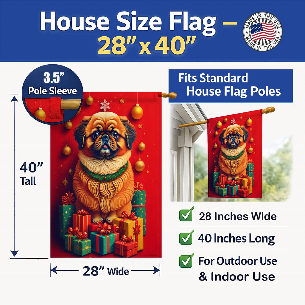 Pekingese Holiday Christmas House Flag 28x40 Porch Sleeve Pole Decorative Outside Yard Banner Artwork Wall Hanging, Polyester