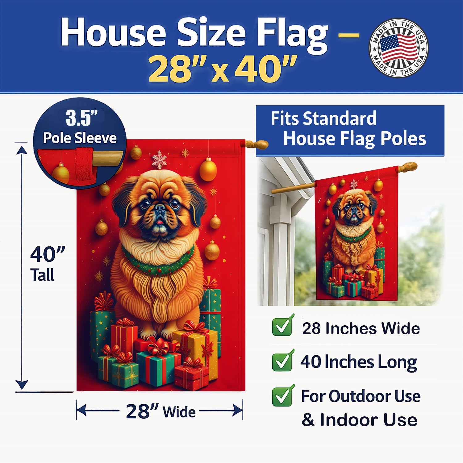 Pekingese Holiday Christmas House Flag 28x40 Porch Sleeve Pole Decorative Outside Yard Banner Artwork Wall Hanging, Polyester