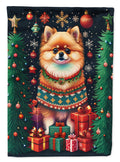 Pomeranian Holiday Christmas House Flag 28x40 Porch Sleeve Pole Decorative Outside Yard Banner Artwork Wall Hanging, Polyester