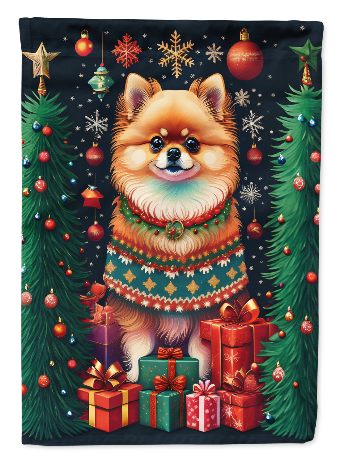 Pomeranian Holiday Christmas House Flag 28x40 Porch Sleeve Pole Decorative Outside Yard Banner Artwork Wall Hanging, Polyester