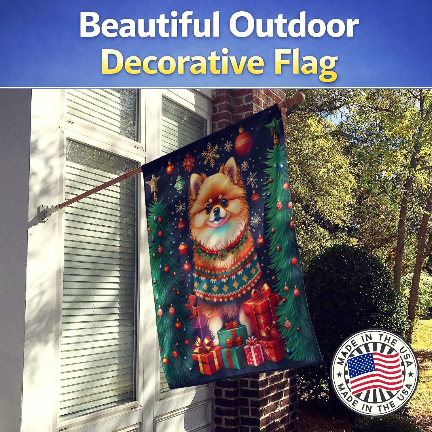 Pomeranian Holiday Christmas House Flag 28x40 Porch Sleeve Pole Decorative Outside Yard Banner Artwork Wall Hanging, Polyester