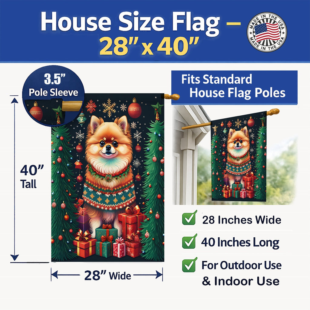 Pomeranian Holiday Christmas House Flag 28x40 Porch Sleeve Pole Decorative Outside Yard Banner Artwork Wall Hanging, Polyester