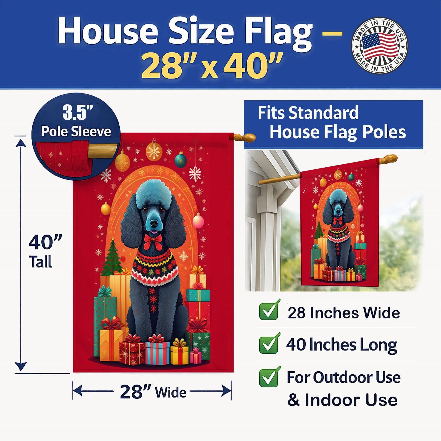 Poodle Holiday Christmas House Flag 28x40 Porch Sleeve Pole Decorative Outside Yard Banner Artwork Wall Hanging, Polyester