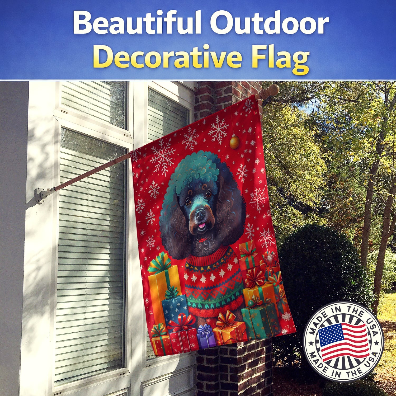 Poodle Holiday Christmas House Flag 28x40 Porch Sleeve Pole Decorative Outside Yard Banner Artwork Wall Hanging, Polyester