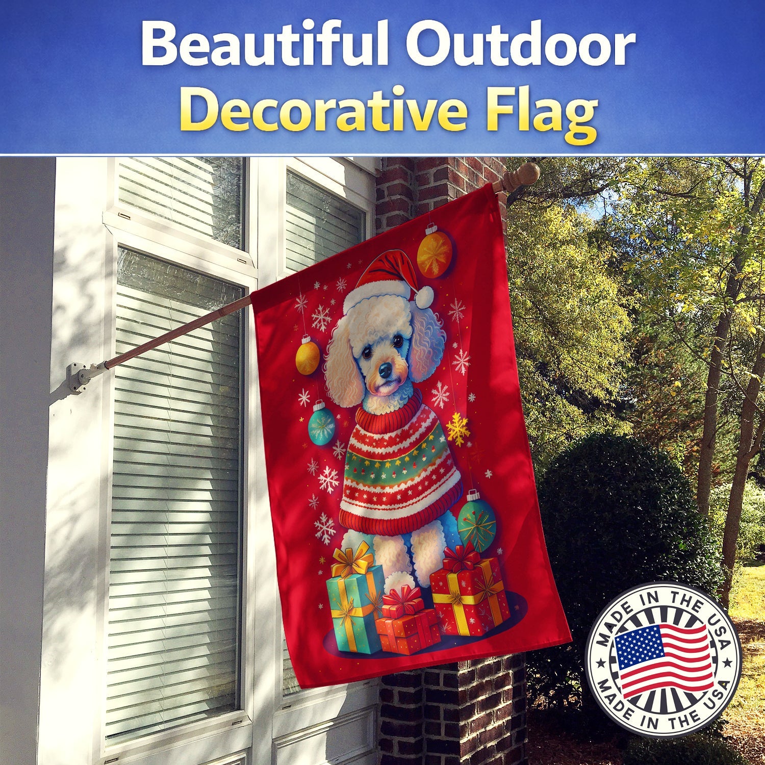 Poodle Holiday Christmas House Flag 28x40 Porch Sleeve Pole Decorative Outside Yard Banner Artwork Wall Hanging, Polyester