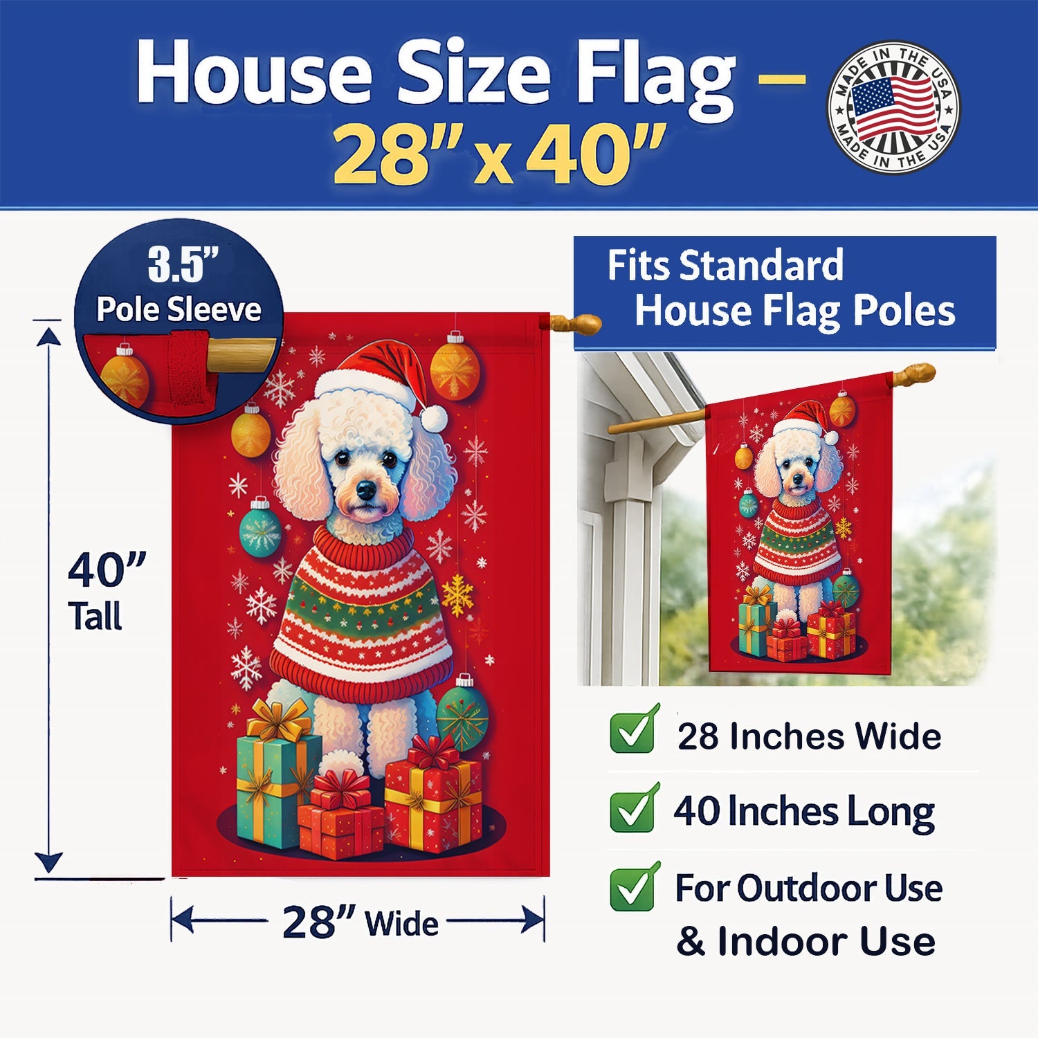 Poodle Holiday Christmas House Flag 28x40 Porch Sleeve Pole Decorative Outside Yard Banner Artwork Wall Hanging, Polyester