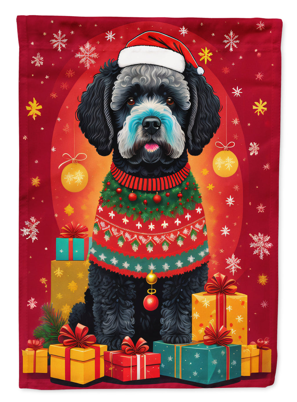 Portuguese Water Dog Holiday Christmas House Flag 28x40 Porch Sleeve Pole Decorative Outside Yard Banner Artwork Wall Hanging, Polyester