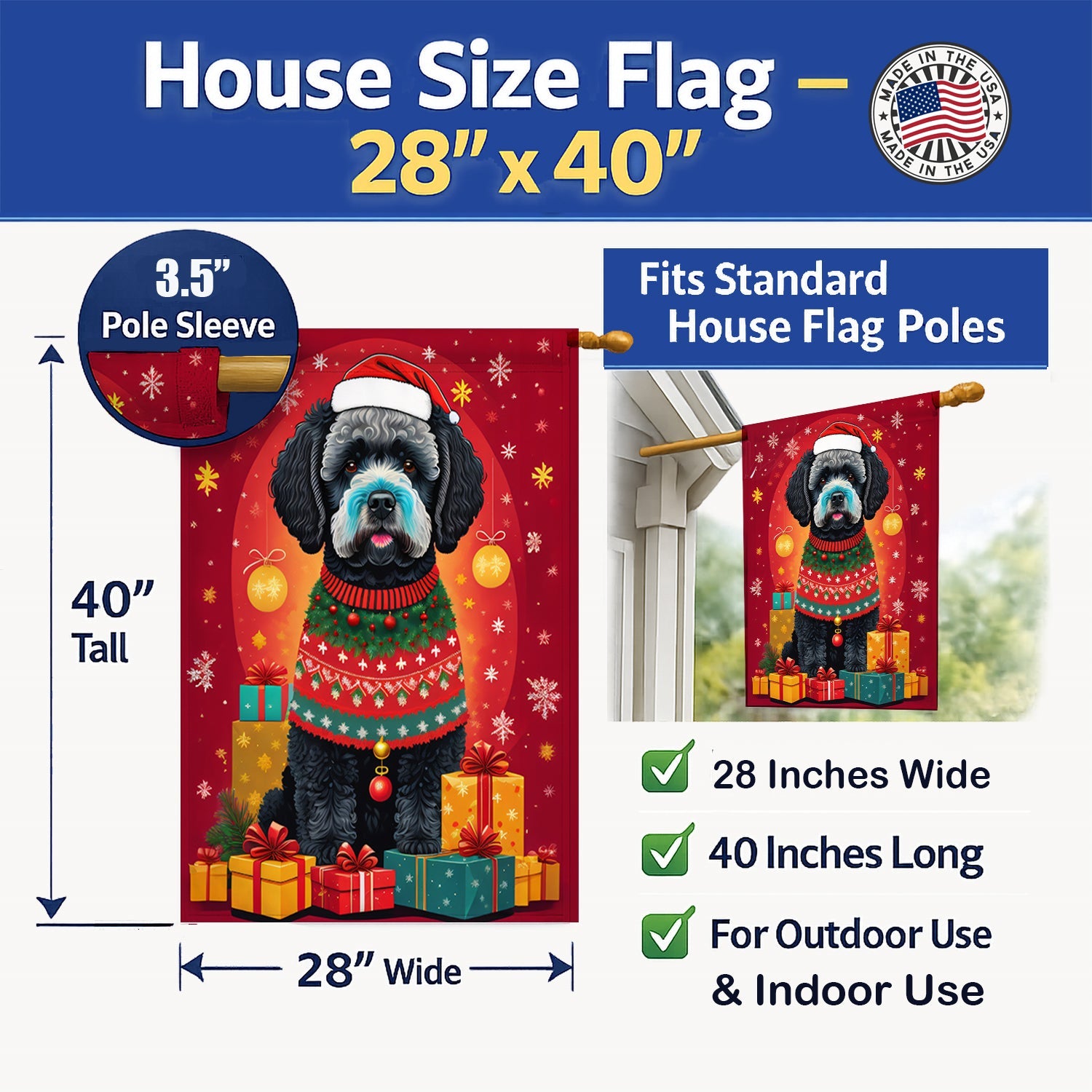 Portuguese Water Dog Holiday Christmas House Flag 28x40 Porch Sleeve Pole Decorative Outside Yard Banner Artwork Wall Hanging, Polyester
