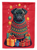 Black Pug Holiday Christmas House Flag 28x40 Porch Sleeve Pole Decorative Outside Yard Banner Artwork Wall Hanging, Polyester