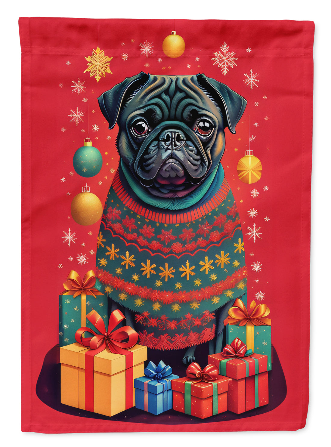 Black Pug Holiday Christmas House Flag 28x40 Porch Sleeve Pole Decorative Outside Yard Banner Artwork Wall Hanging, Polyester