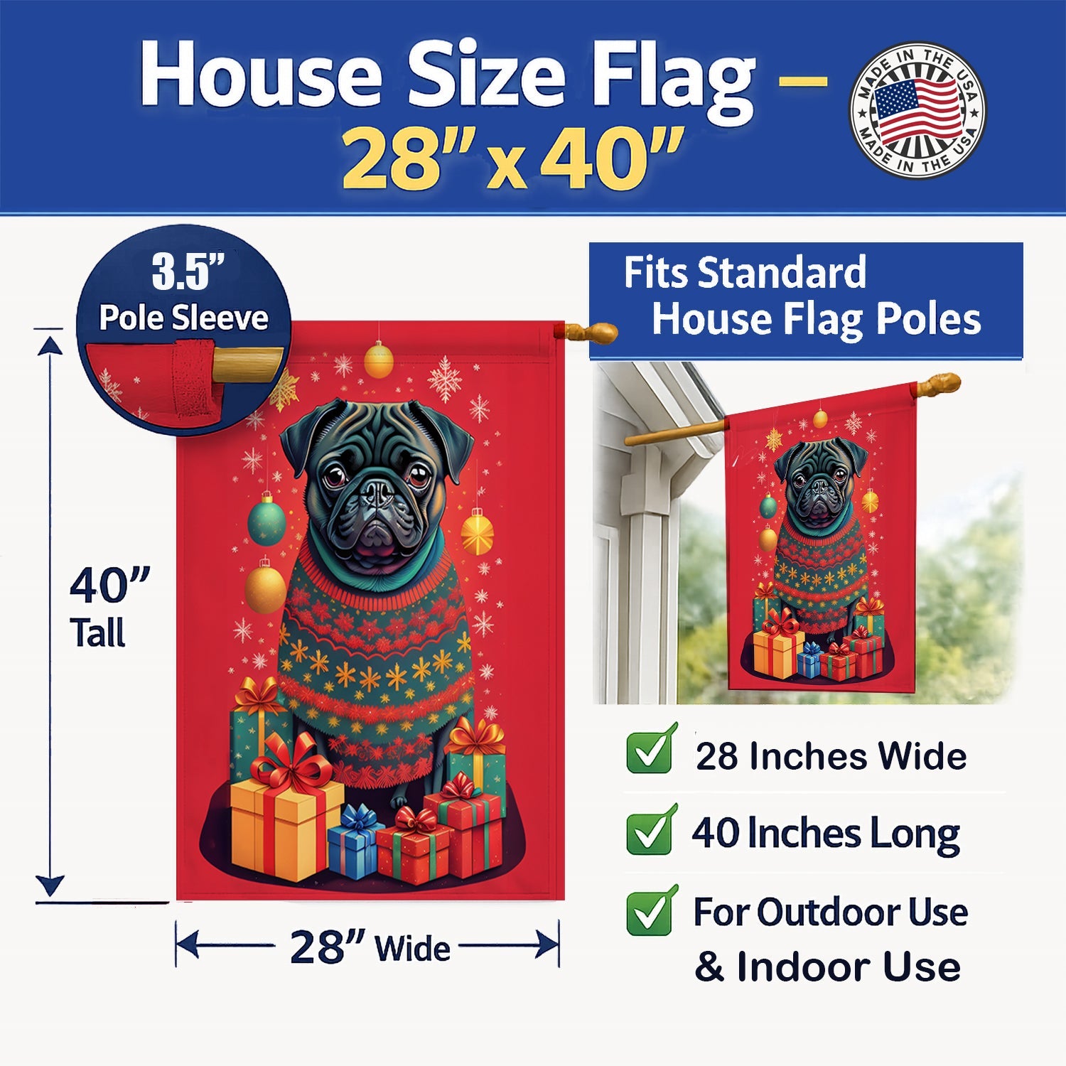 Black Pug Holiday Christmas House Flag 28x40 Porch Sleeve Pole Decorative Outside Yard Banner Artwork Wall Hanging, Polyester