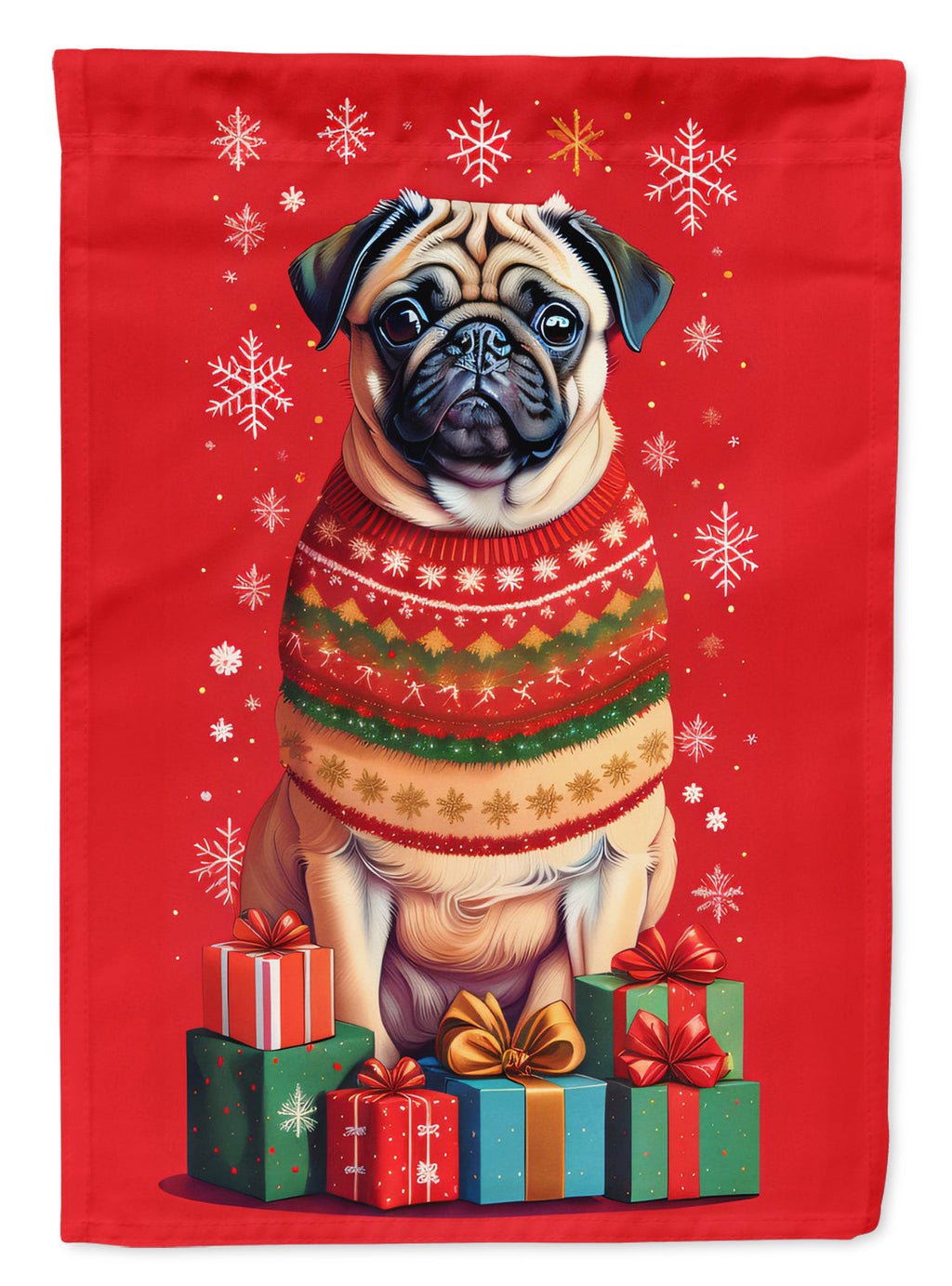 Fawn Pug Holiday Christmas House Flag 28x40 Porch Sleeve Pole Decorative Outside Yard Banner Artwork Wall Hanging, Polyester