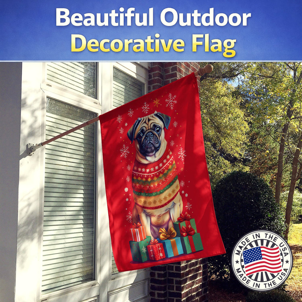Fawn Pug Holiday Christmas House Flag 28x40 Porch Sleeve Pole Decorative Outside Yard Banner Artwork Wall Hanging, Polyester