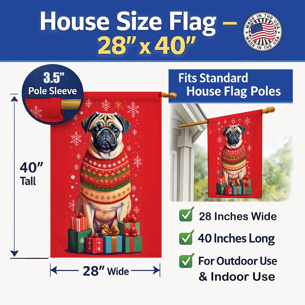 Fawn Pug Holiday Christmas House Flag 28x40 Porch Sleeve Pole Decorative Outside Yard Banner Artwork Wall Hanging, Polyester