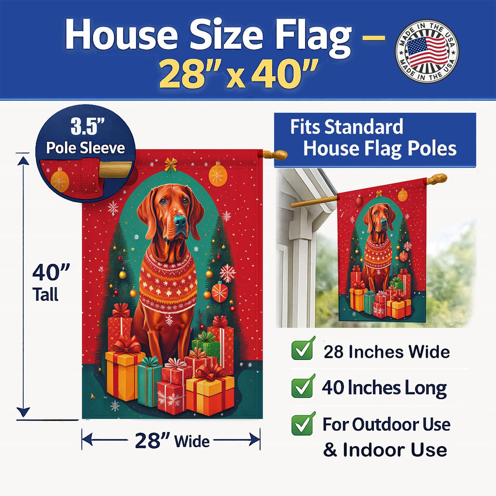 Red Redbone Coonhound Holiday Christmas House Flag 28x40 Porch Sleeve Pole Decorative Outside Yard Banner Artwork Wall Hanging, Polyester
