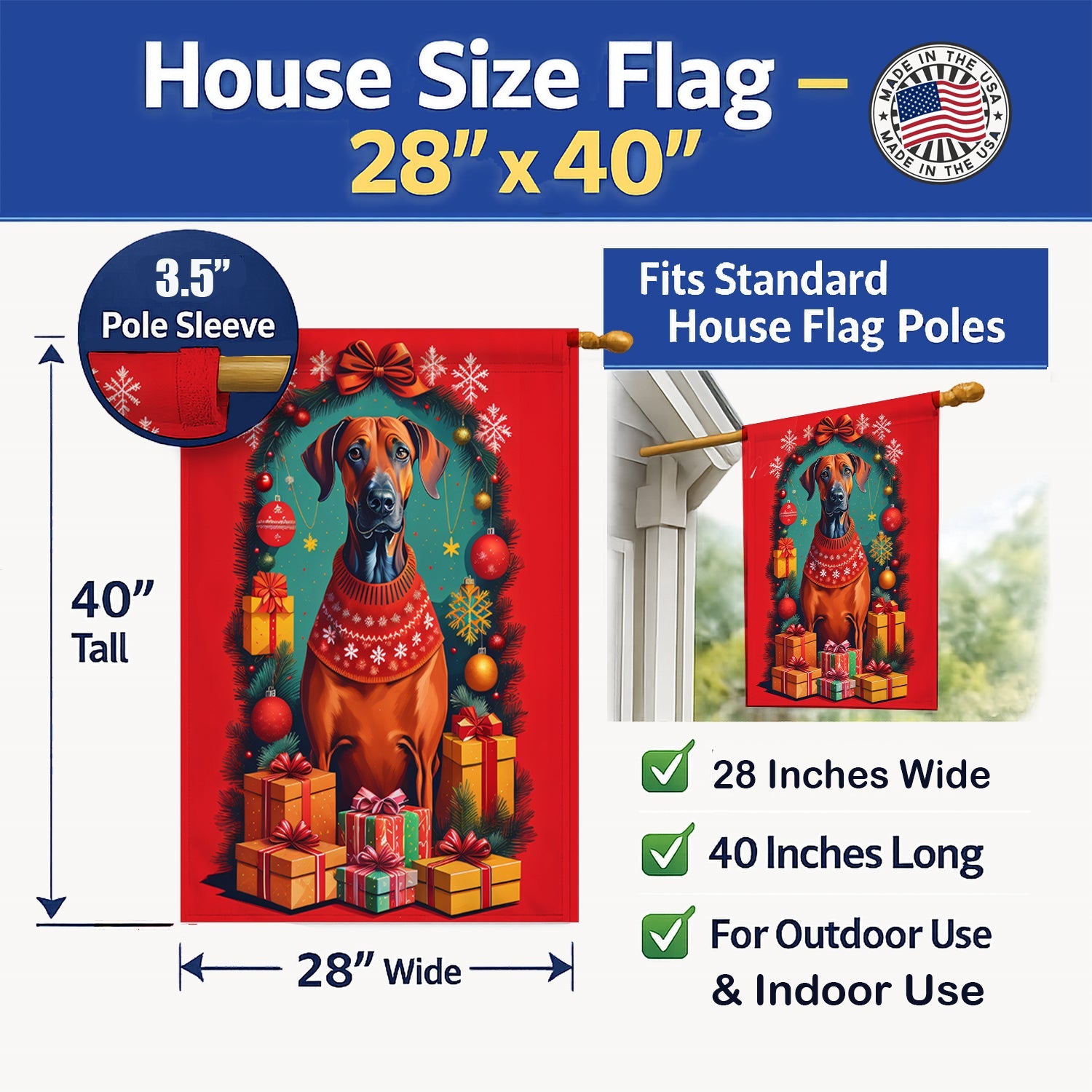 Rhodesian Ridgeback Holiday Christmas House Flag 28x40 Porch Sleeve Pole Decorative Outside Yard Banner Artwork Wall Hanging, Polyester