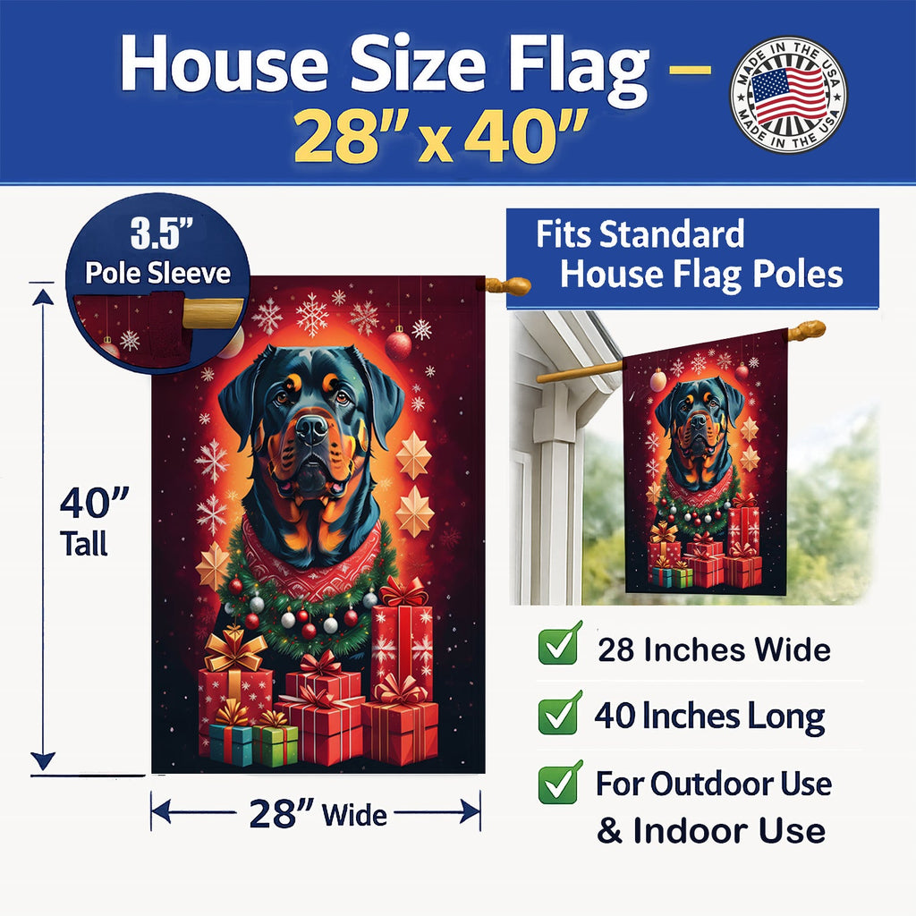 Rottweiler Holiday Christmas House Flag 28x40 Porch Sleeve Pole Decorative Outside Yard Banner Artwork Wall Hanging, Polyester
