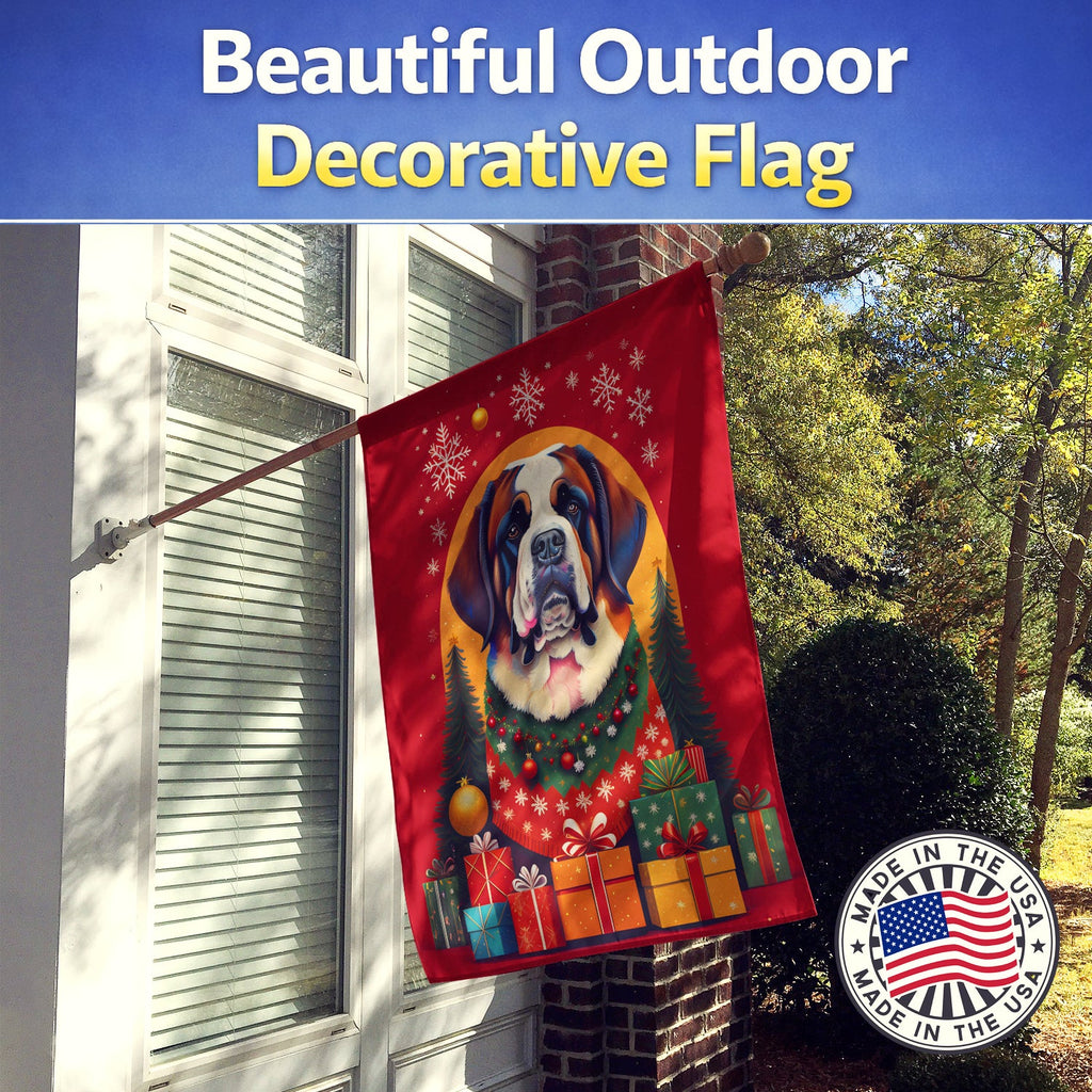 Saint Bernard Holiday Christmas House Flag 28x40 Porch Sleeve Pole Decorative Outside Yard Banner Artwork Wall Hanging, Polyester