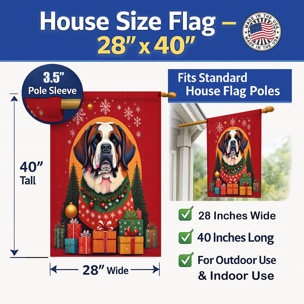 Saint Bernard Holiday Christmas House Flag 28x40 Porch Sleeve Pole Decorative Outside Yard Banner Artwork Wall Hanging, Polyester