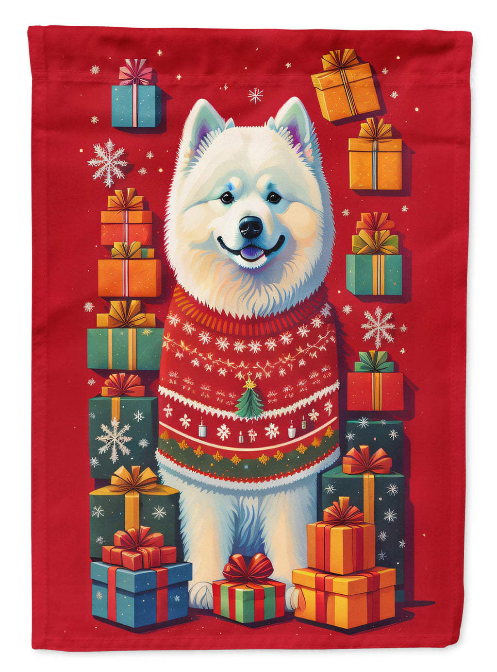 Samoyed Holiday Christmas House Flag 28x40 Porch Sleeve Pole Decorative Outside Yard Banner Artwork Wall Hanging, Polyester