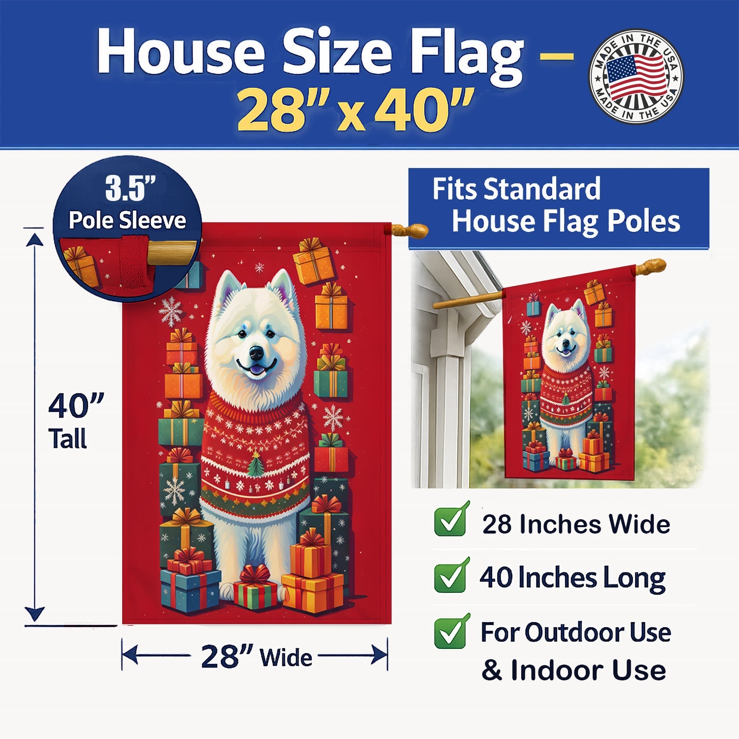 Samoyed Holiday Christmas House Flag 28x40 Porch Sleeve Pole Decorative Outside Yard Banner Artwork Wall Hanging, Polyester