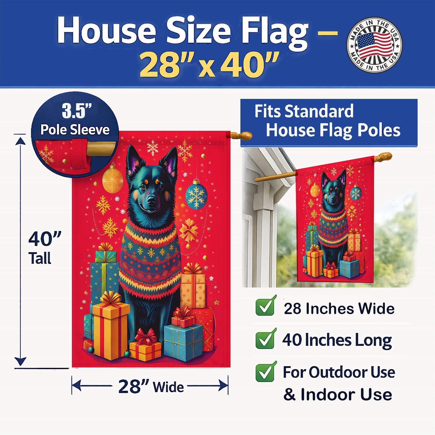 Schipperke Holiday Christmas House Flag 28x40 Porch Sleeve Pole Decorative Outside Yard Banner Artwork Wall Hanging, Polyester