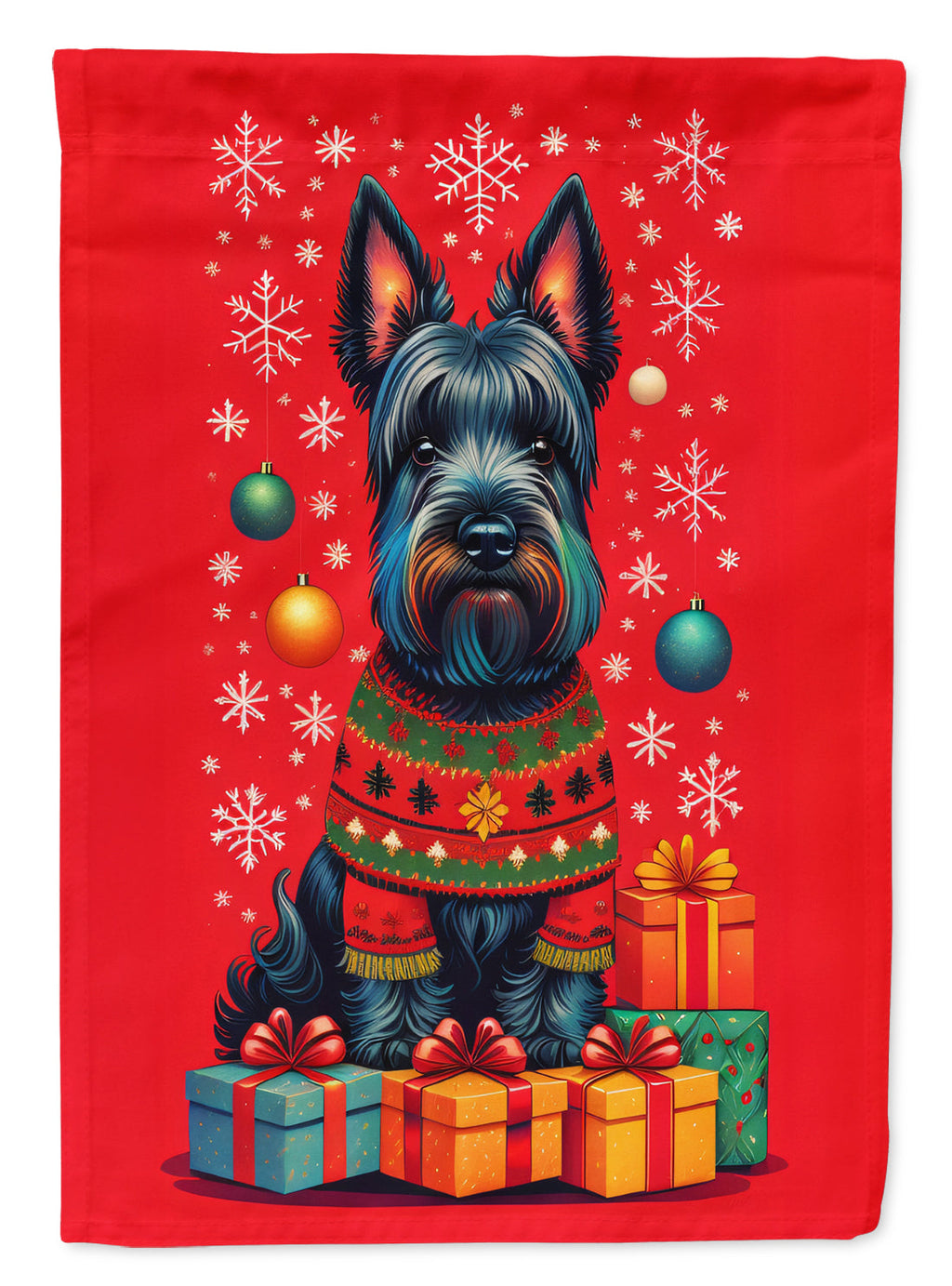 Scottish Terrier Holiday Christmas House Flag 28x40 Porch Sleeve Pole Decorative Outside Yard Banner Artwork Wall Hanging, Polyester