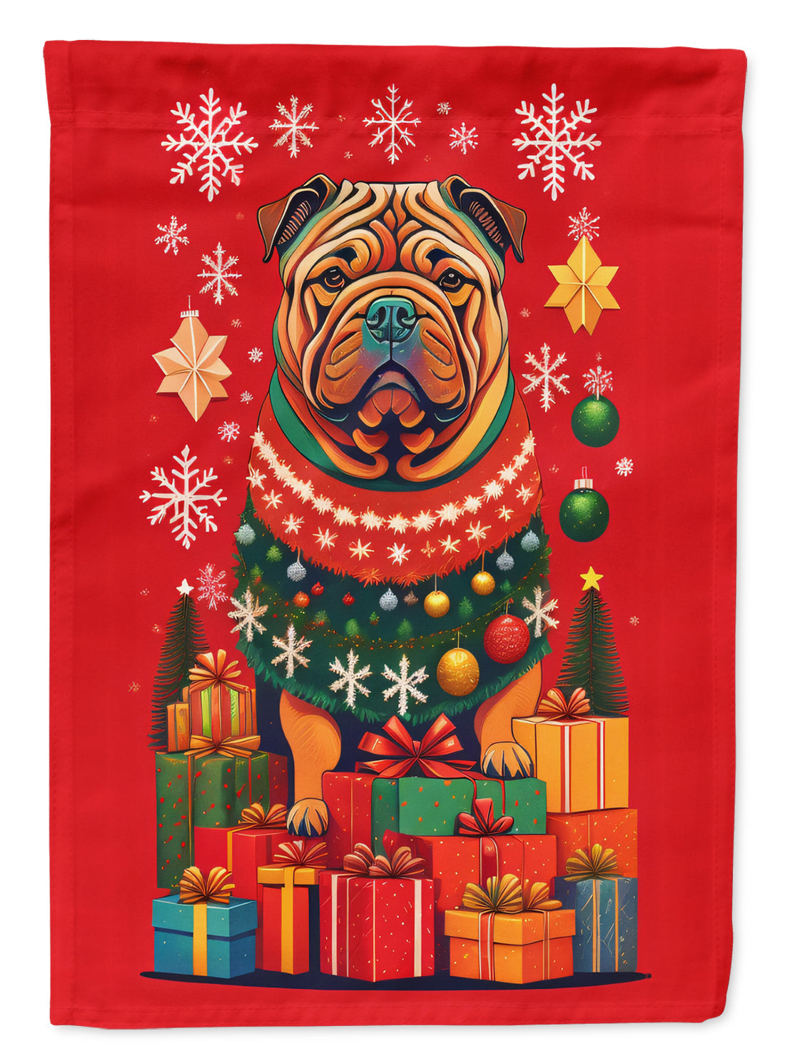 Shar Pei Holiday Christmas House Flag 28x40 Porch Sleeve Pole Decorative Outside Yard Banner Artwork Wall Hanging, Polyester