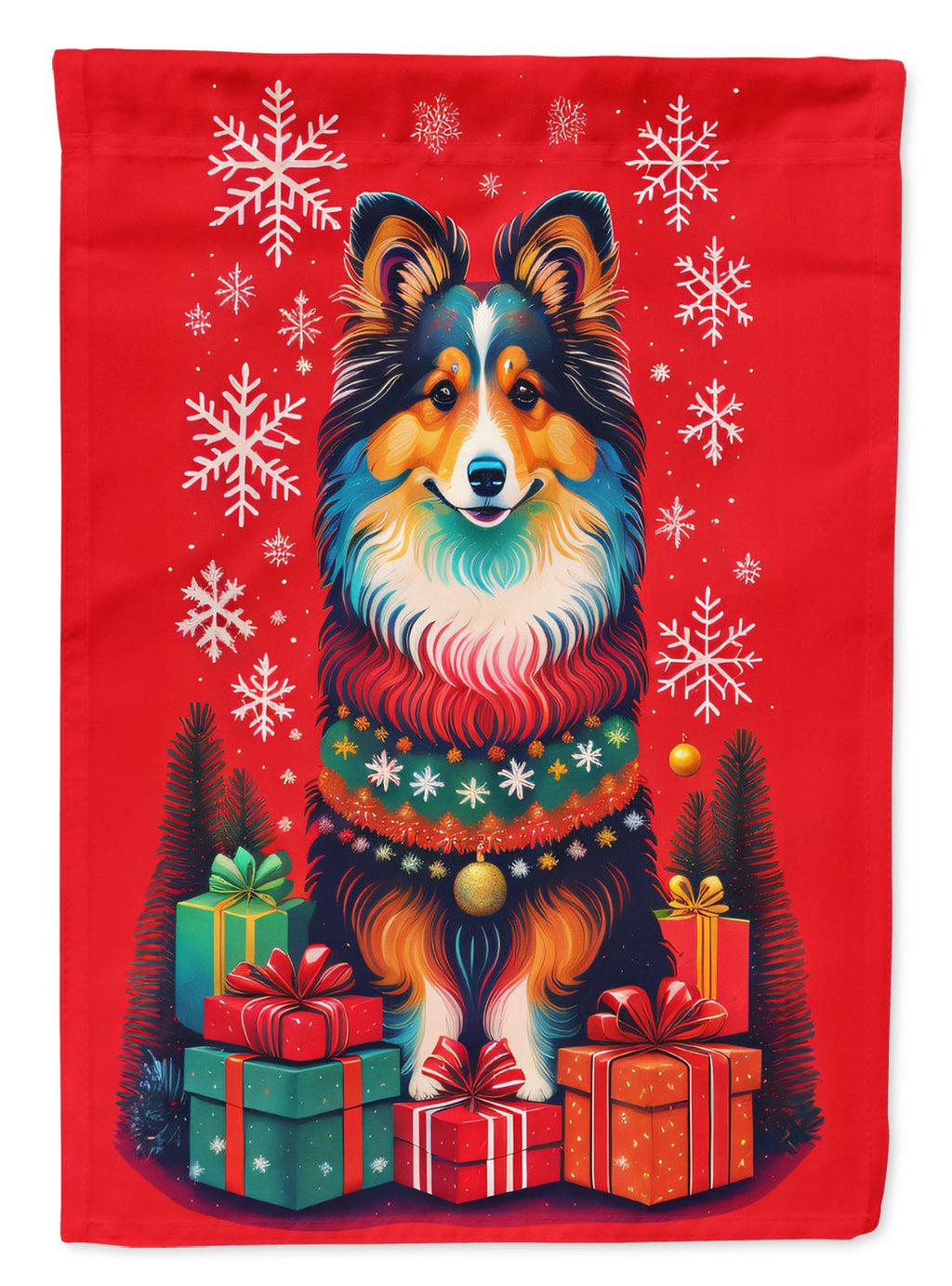 Sheltie Holiday Christmas House Flag 28x40 Porch Sleeve Pole Decorative Outside Yard Banner Artwork Wall Hanging, Polyester