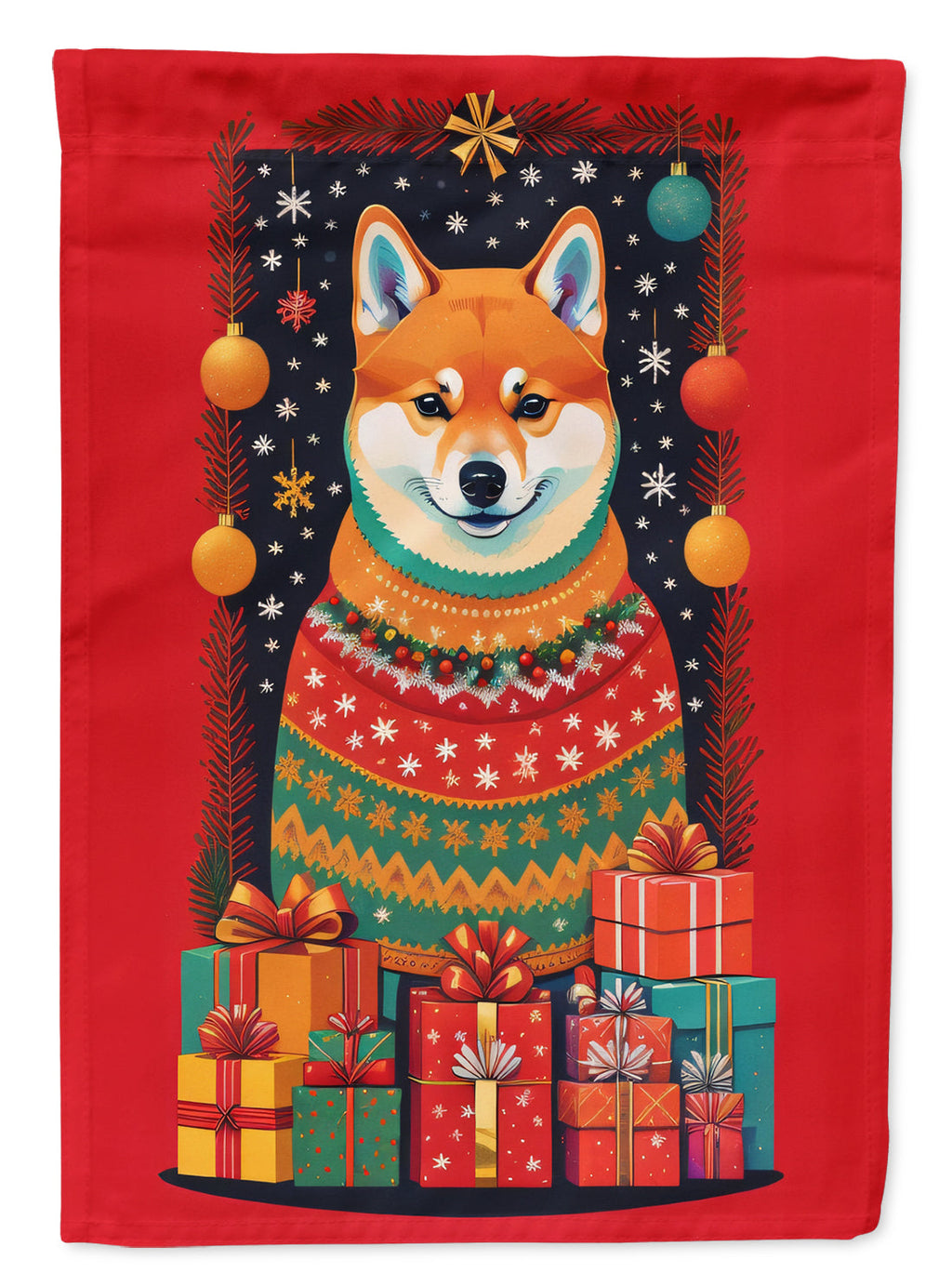 Shiba Inu Holiday Christmas House Flag 28x40 Porch Sleeve Pole Decorative Outside Yard Banner Artwork Wall Hanging, Polyester