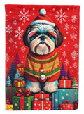Shih Tzu Holiday Christmas House Flag 28x40 Porch Sleeve Pole Decorative Outside Yard Banner Artwork Wall Hanging, Polyester