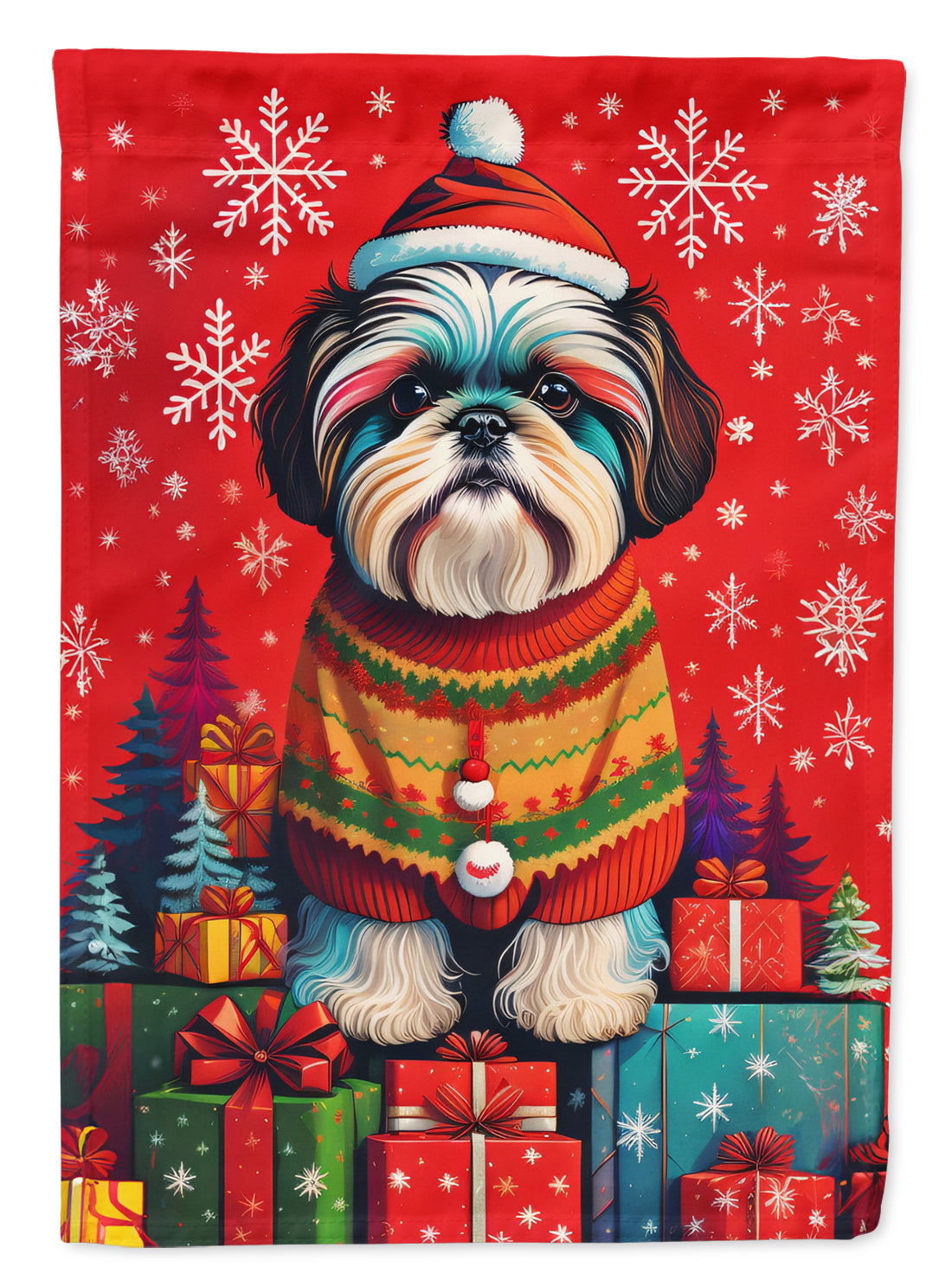 Shih Tzu Holiday Christmas House Flag 28x40 Porch Sleeve Pole Decorative Outside Yard Banner Artwork Wall Hanging, Polyester