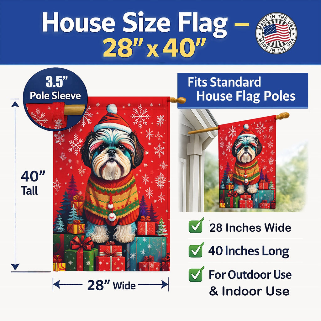 Shih Tzu Holiday Christmas House Flag 28x40 Porch Sleeve Pole Decorative Outside Yard Banner Artwork Wall Hanging, Polyester
