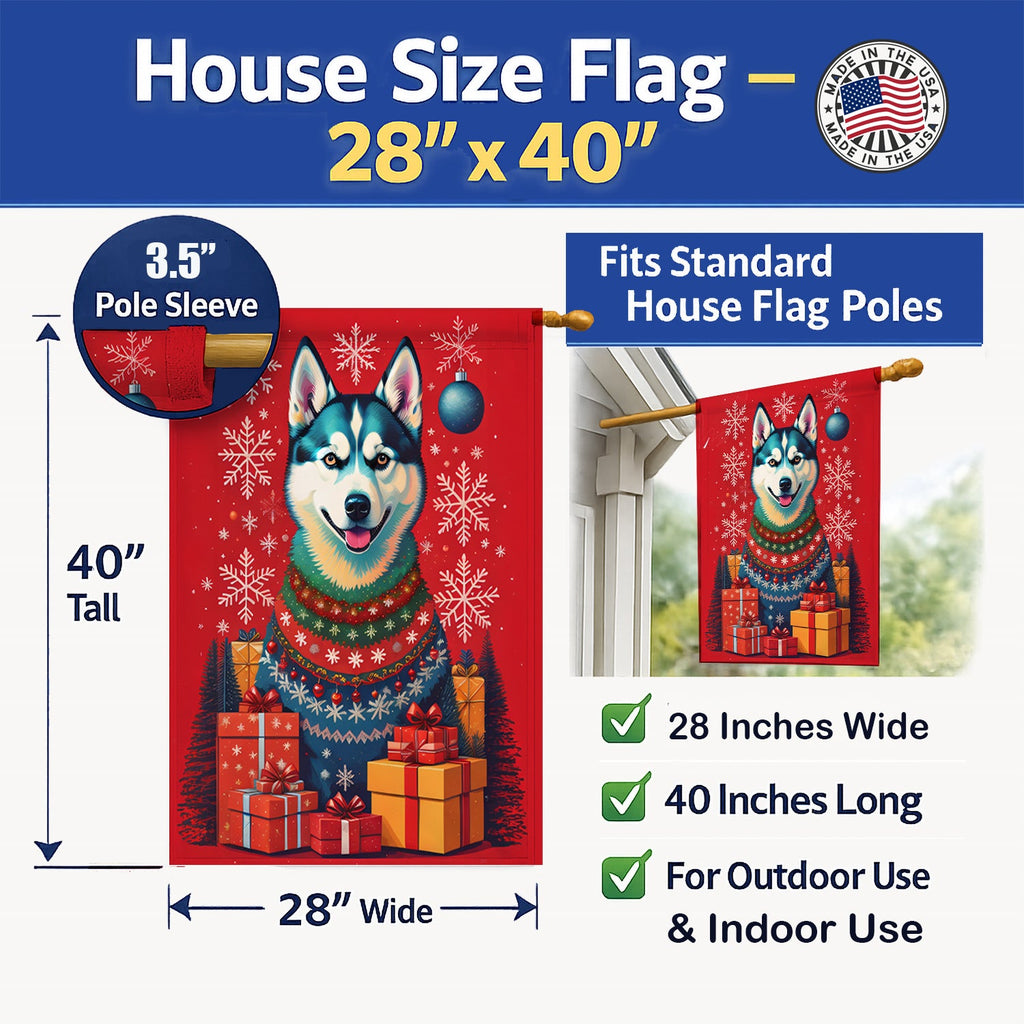 Siberian Husky Holiday Christmas House Flag 28x40 Porch Sleeve Pole Decorative Outside Yard Banner Artwork Wall Hanging, Polyester