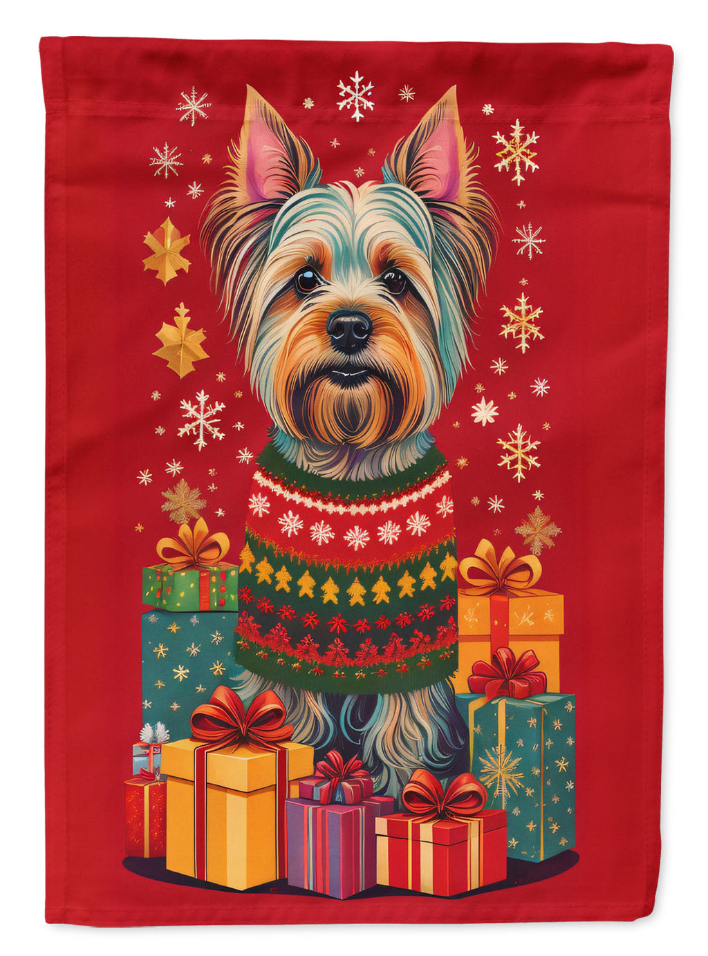 Silky Terrier Holiday Christmas House Flag 28x40 Porch Sleeve Pole Decorative Outside Yard Banner Artwork Wall Hanging, Polyester