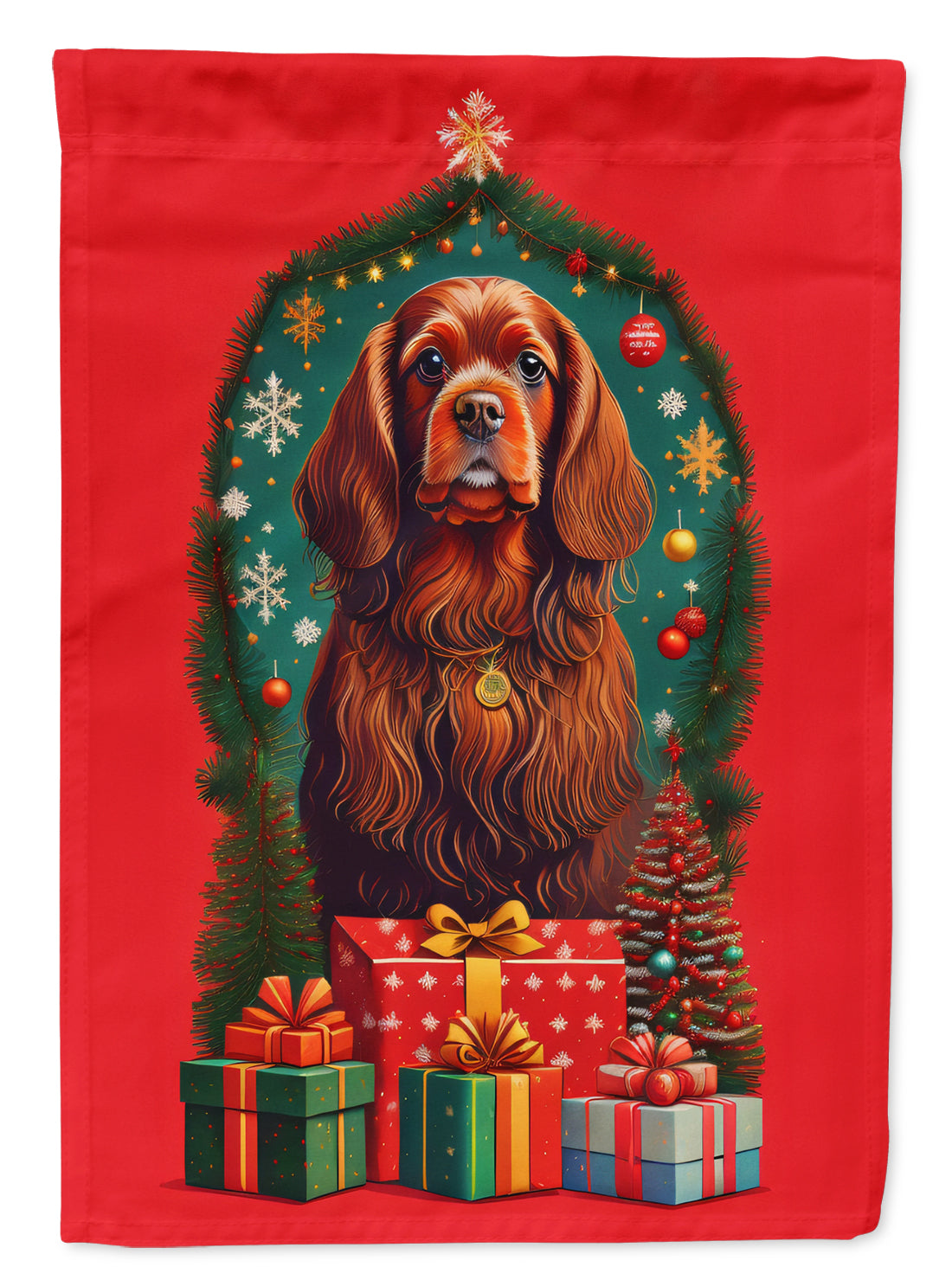 Sussex Spaniel Holiday Christmas House Flag 28x40 Porch Sleeve Pole Decorative Outside Yard Banner Artwork Wall Hanging, Polyester