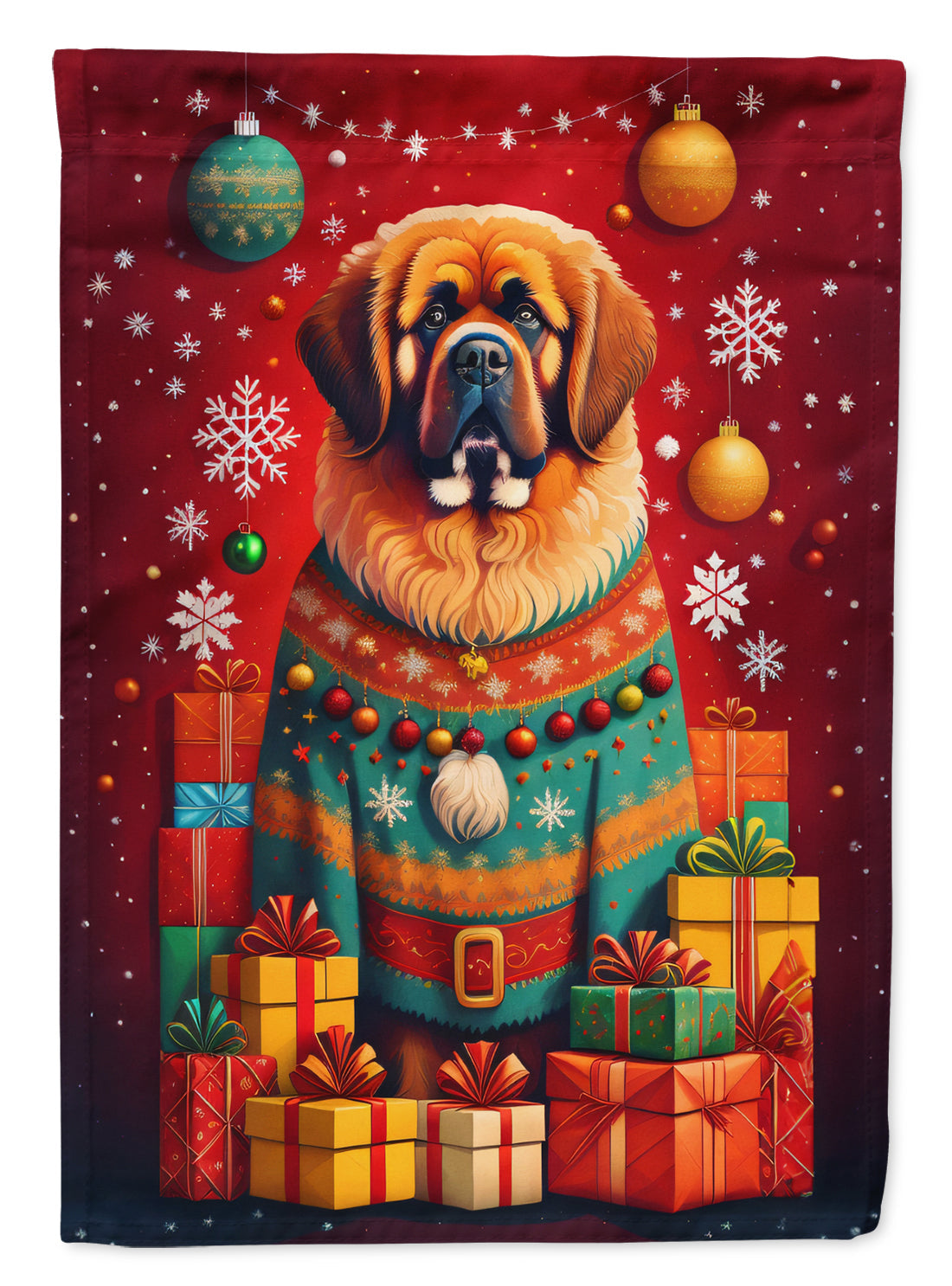 Tibetan Mastiff Holiday Christmas House Flag 28x40 Porch Sleeve Pole Decorative Outside Yard Banner Artwork Wall Hanging, Polyester
