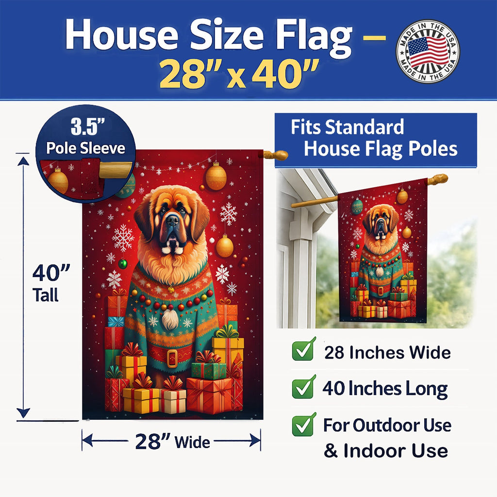 Tibetan Mastiff Holiday Christmas House Flag 28x40 Porch Sleeve Pole Decorative Outside Yard Banner Artwork Wall Hanging, Polyester
