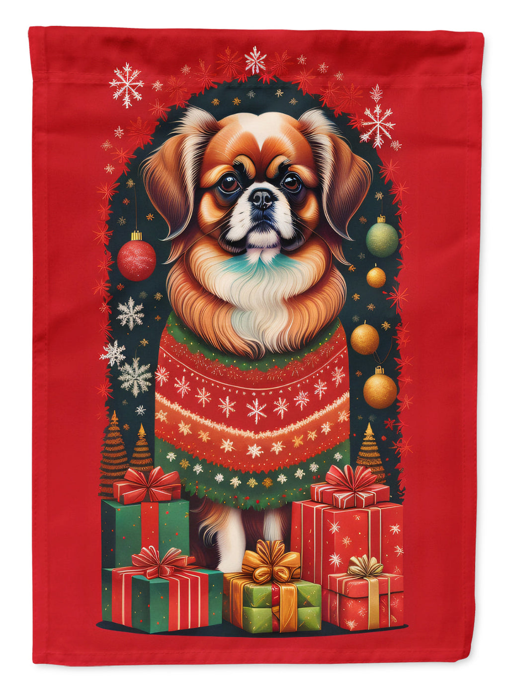 Tibetan Spaniel Holiday Christmas House Flag 28x40 Porch Sleeve Pole Decorative Outside Yard Banner Artwork Wall Hanging, Polyester