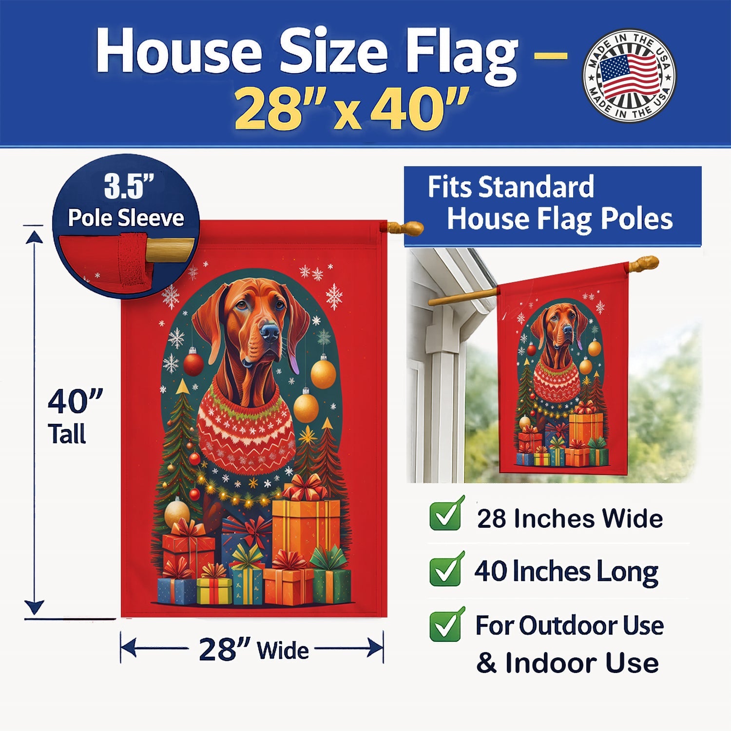 Vizsla Holiday Christmas House Flag 28x40 Porch Sleeve Pole Decorative Outside Yard Banner Artwork Wall Hanging, Polyester