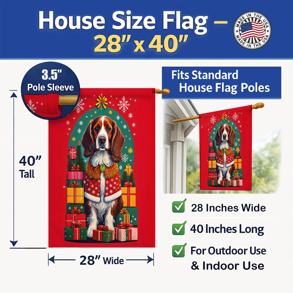 Welsh Springer Spaniel Holiday Christmas House Flag 28x40 Porch Sleeve Pole Decorative Outside Yard Banner Artwork Wall Hanging, Polyester